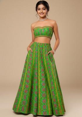 Green Georgette Floral Print Lehenga Set For Girls