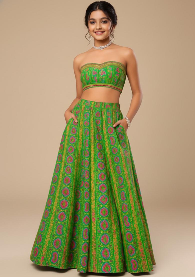 Green Georgette Floral Print Lehenga Set For Girls