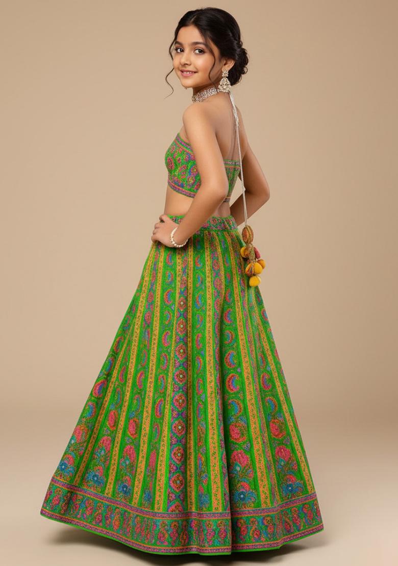Green Georgette Floral Print Lehenga Set For Girls