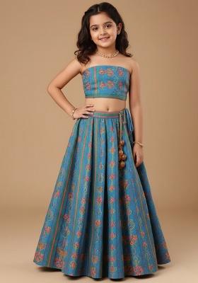 Blue Georgette Floral Print Lehenga Set For Girls