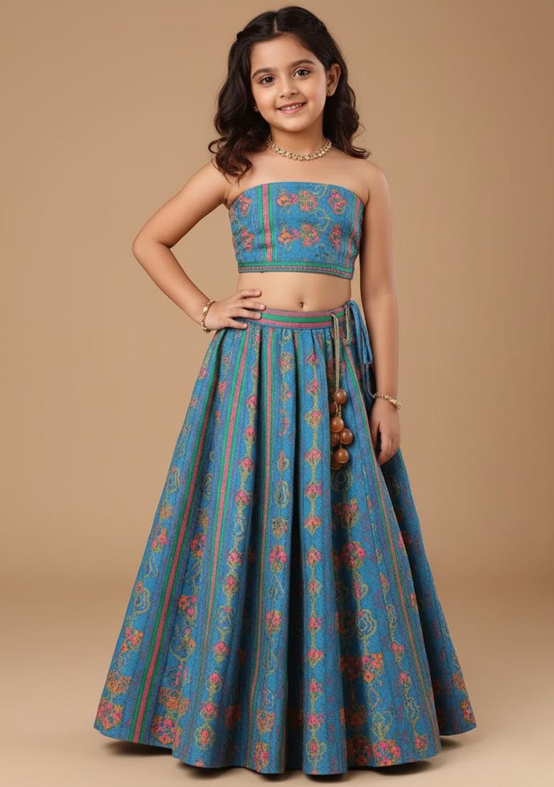 Blue Georgette Floral Print Lehenga Set For Girls