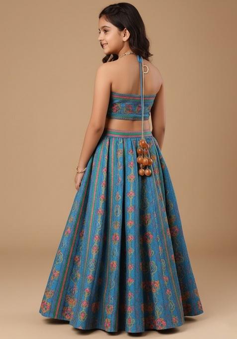 Blue Georgette Floral Print Lehenga Set For Girls