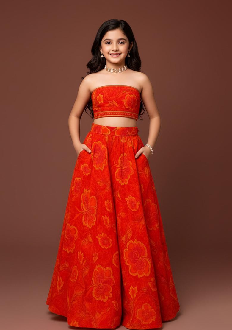 Orange Georgette Floral Print Lehenga Set For Girls - Indya