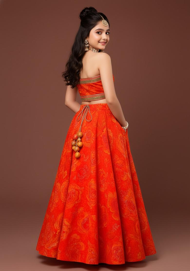 Orange Georgette Floral Print Lehenga Set For Girls - Indya