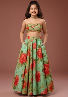 Pista Green Silk Floral Print Lehenga Set For Girls