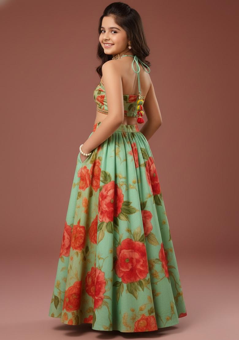 Pista Green Silk Floral Print Lehenga Set For Girls - Indya