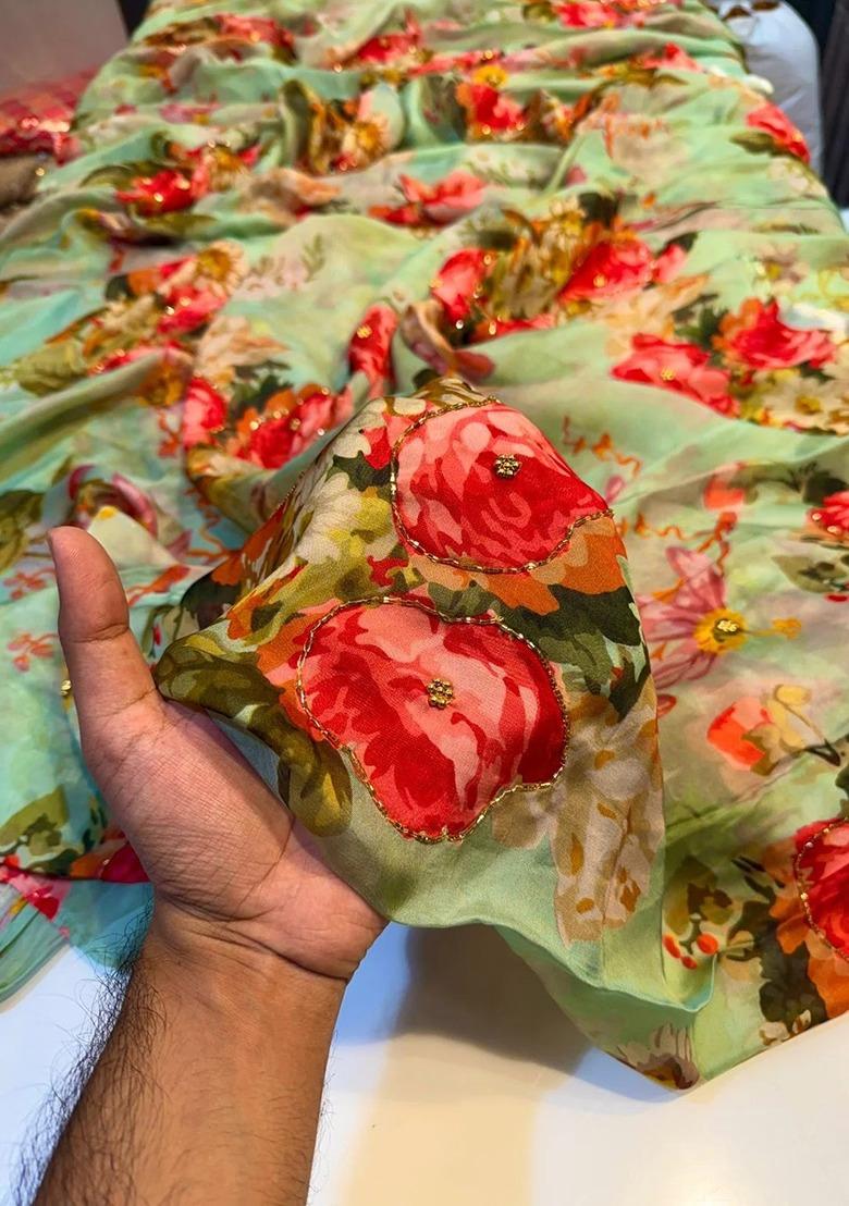 Pista Green Silk Floral Print Lehenga Set For Girls - Indya