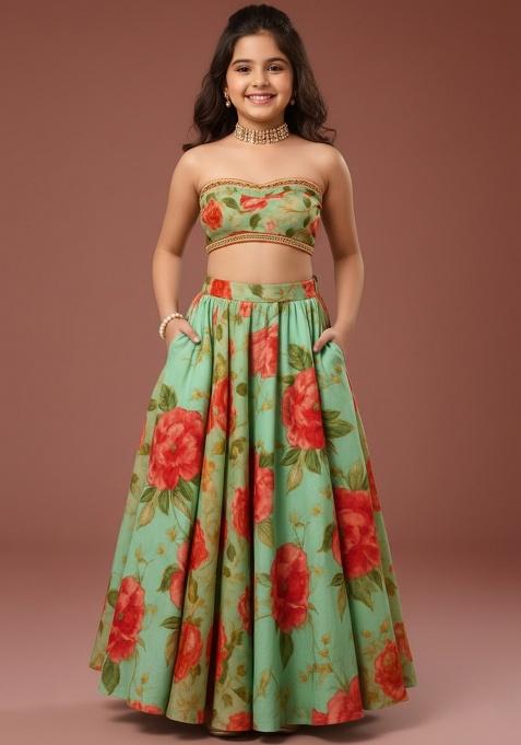 Pista Green Silk Floral Print Lehenga Set For Girls