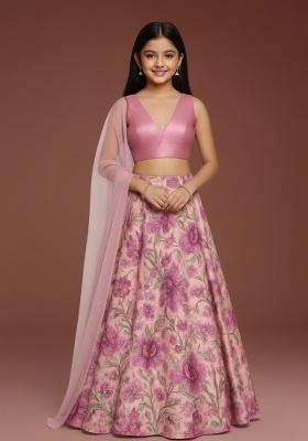 Pink Satin Floral Print Lehenga Set For Girls