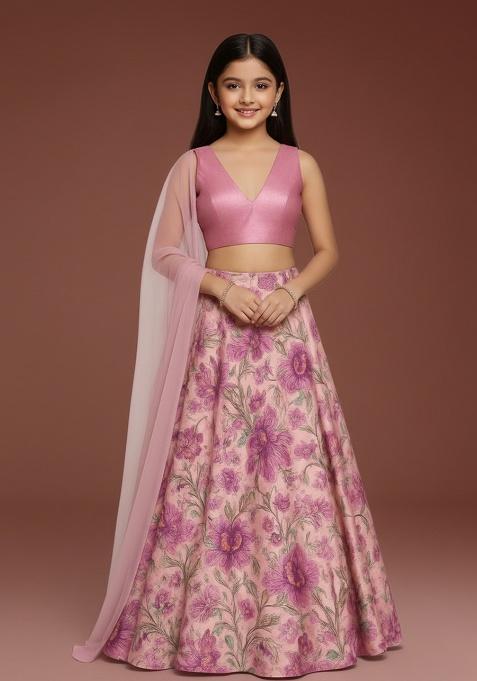 Pink Satin Floral Print Lehenga Set For Girls