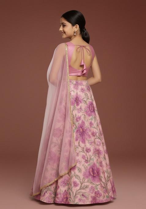 Pink Satin Floral Print Lehenga Set For Girls