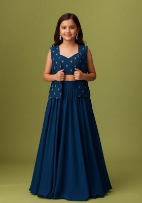 Teal Blue Georgette Embroidered Lehenga Set For Girls