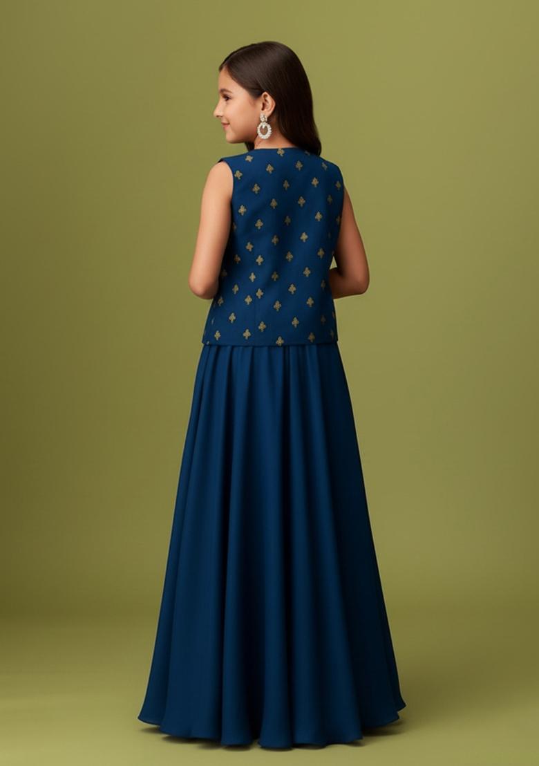 Teal Blue Georgette Embroidered Lehenga Set For Girls