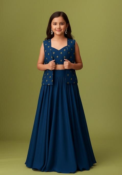 Teal Blue Georgette Embroidered Lehenga Set For Girls