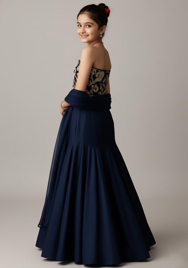 Navy Blue Georgette Embroidered Lehenga Set For Girls
