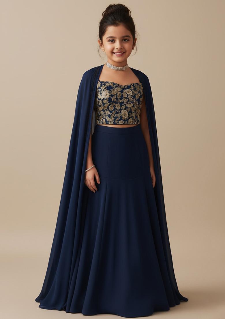 Navy Blue Georgette Embroidered Lehenga Set For Girls - Indya