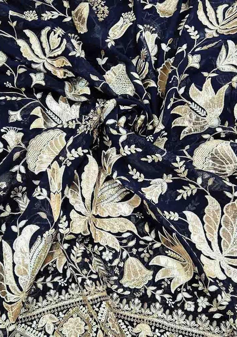 Navy Blue Georgette Embroidered Lehenga Set For Girls