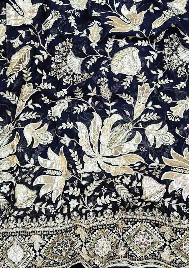 Navy Blue Georgette Embroidered Lehenga Set For Girls - Indya