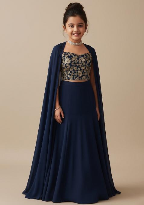 Navy Blue Georgette Embroidered Lehenga Set For Girls