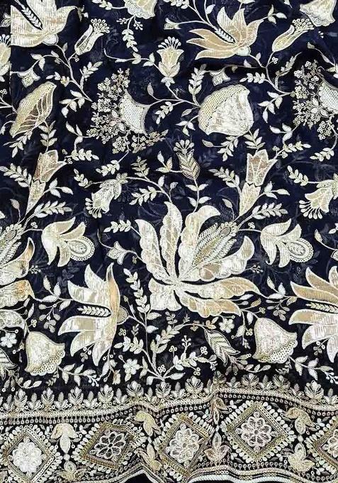 Navy Blue Georgette Embroidered Lehenga Set For Girls