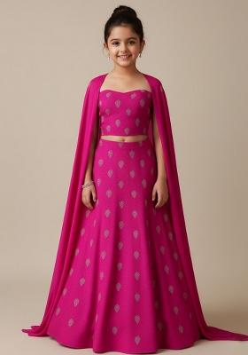 Rani Pink Chanderi Embroidered Lehenga Set For Girls