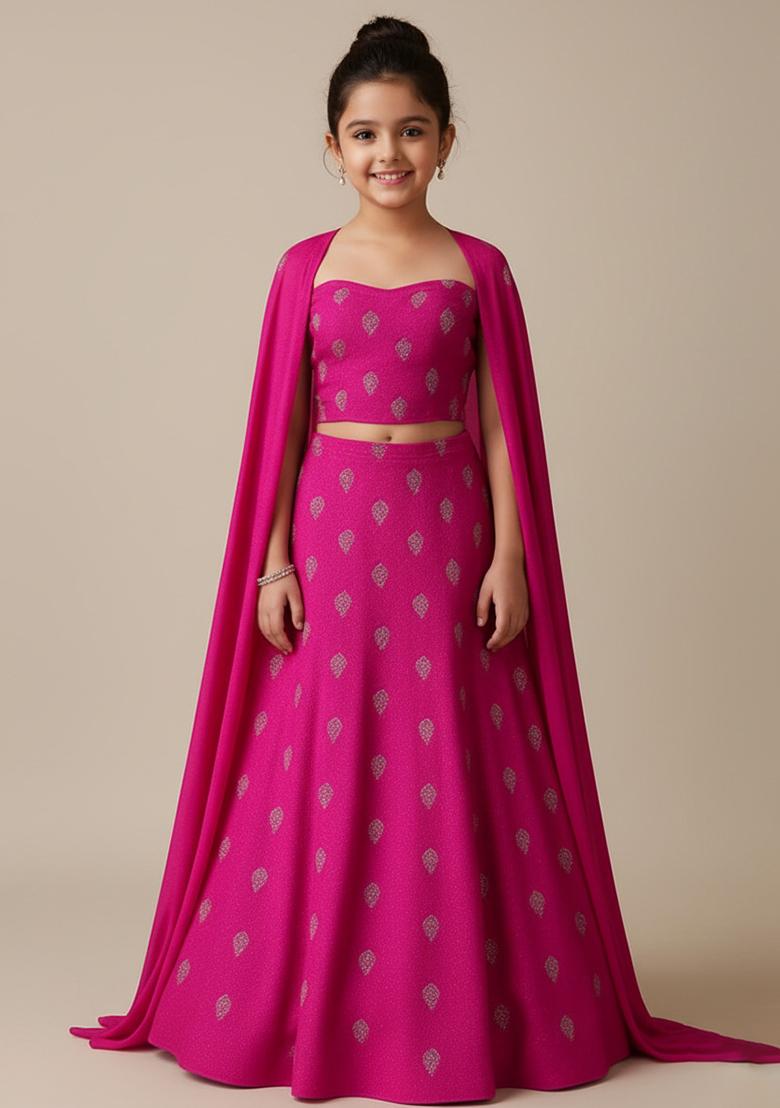 Rani Pink Chanderi Embroidered Lehenga Set For Girls