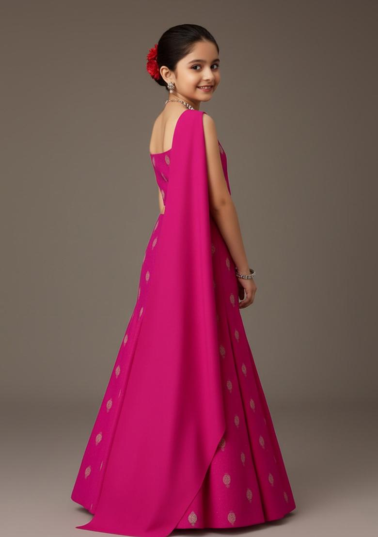 Rani Pink Chanderi Embroidered Lehenga Set For Girls - Indya