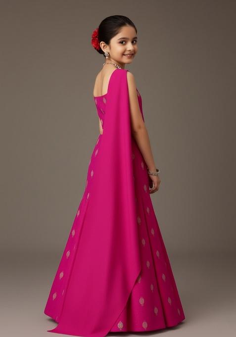 Rani Pink Chanderi Embroidered Lehenga Set For Girls