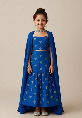 Blue Chanderi Embroidered Lehenga Set For Girls