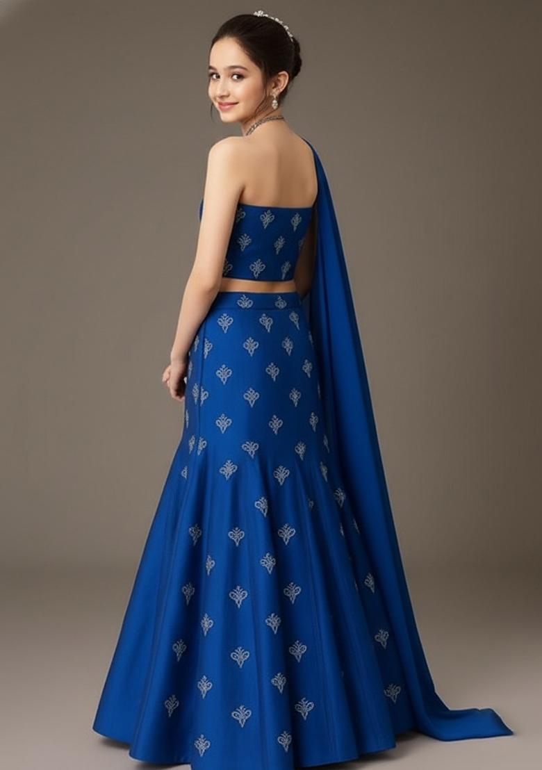 Blue Chanderi Embroidered Lehenga Set For Girls - Indya