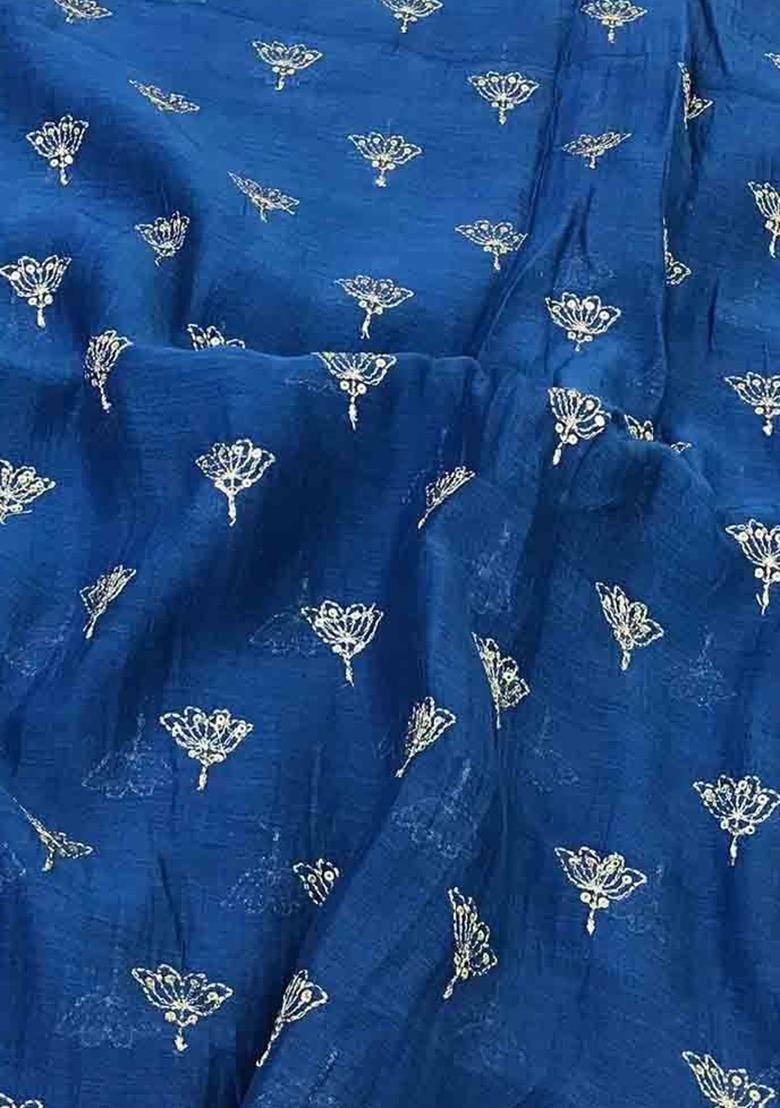 Blue Chanderi Embroidered Lehenga Set For Girls - Indya