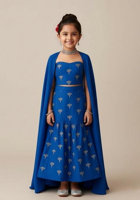 Blue Chanderi Embroidered Lehenga Set For Girls