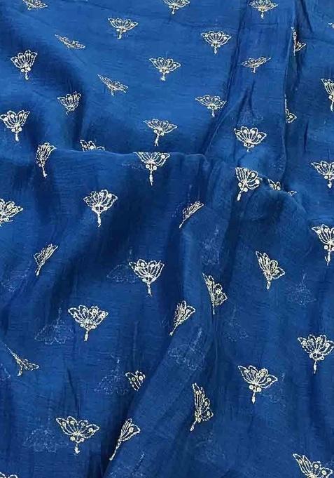 Blue Chanderi Embroidered Lehenga Set For Girls