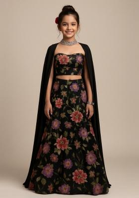Black Organza Floral Print Lehenga Set For Girls