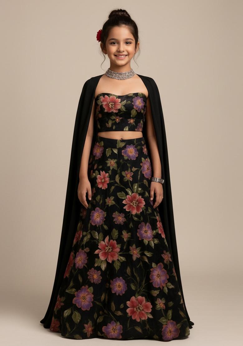Black Organza Floral Print Lehenga Set For Girls