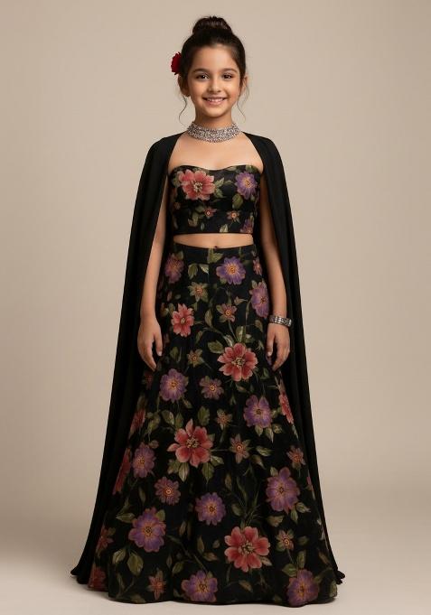 Black Organza Floral Print Lehenga Set For Girls