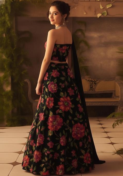Black Organza Floral Print Lehenga Set For Girls