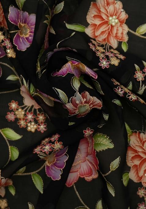 Black Organza Floral Print Lehenga Set For Girls