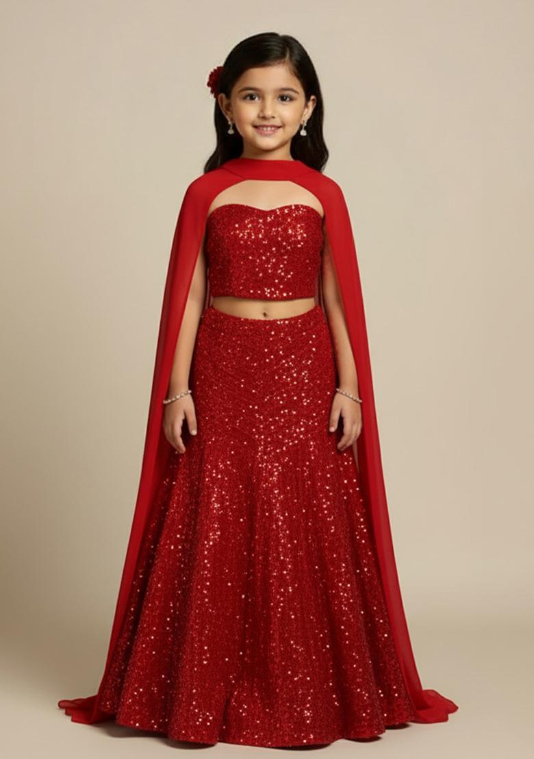 Red Net Embroidered Lehenga Set For Girls