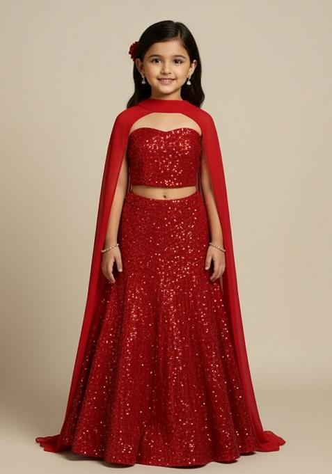 Red Net Embroidered Lehenga Set For Girls
