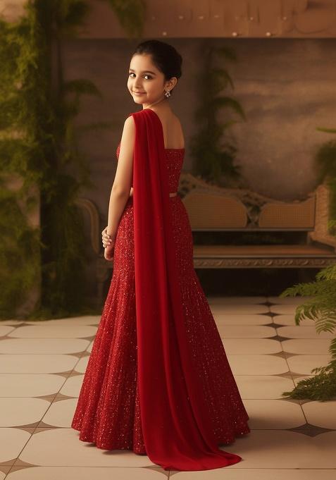 Red Net Embroidered Lehenga Set For Girls