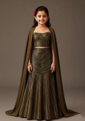 Black And Golden Self Design Lehenga Set For Girls