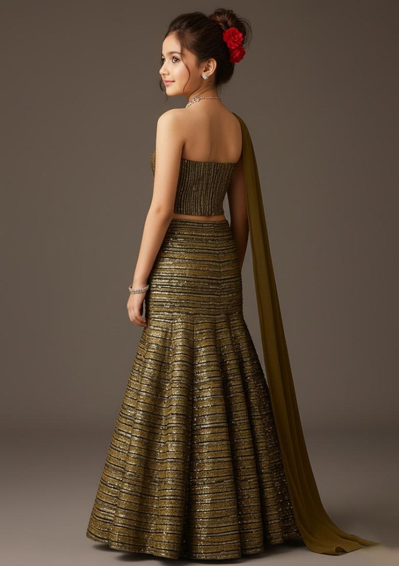 Black And Golden Self Design Lehenga Set For Girls