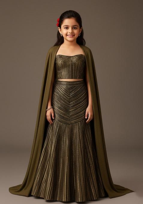 Black And Golden Self Design Lehenga Set For Girls