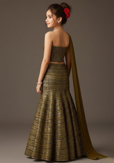 Black And Golden Self Design Lehenga Set For Girls