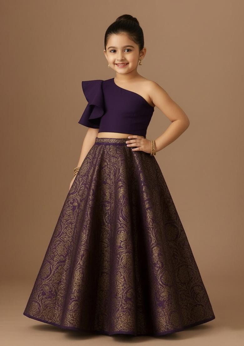 Purple Brocade Lehenga Set For Girls