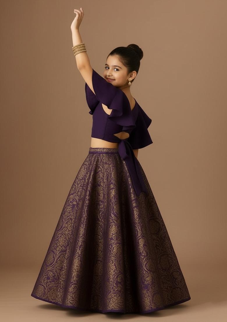 Purple Brocade Lehenga Set For Girls - Indya