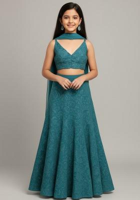 Blue Net Embroidered Lehenga Set For Girls