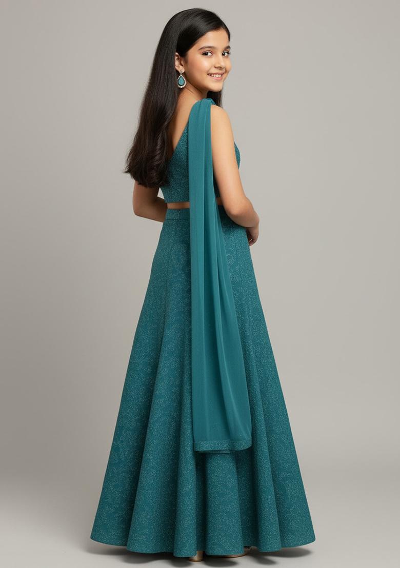 Blue Net Embroidered Lehenga Set For Girls - Indya