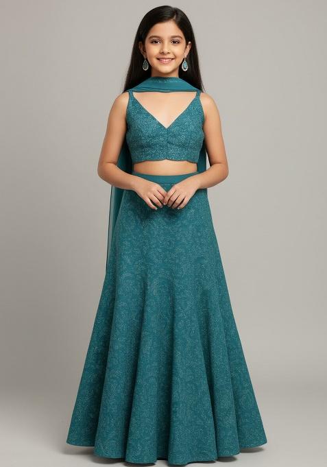 Blue Net Embroidered Lehenga Set For Girls